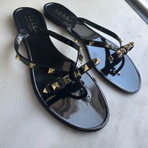 Nicole Miller Black  Patent Leather Sandals with Gold Studs